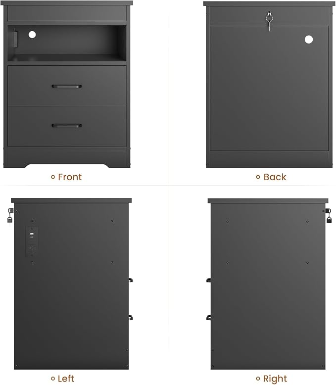 DICTAC Nightstand Set of 2 with Charging Station and LED Lights, Bedside Table with Lockable Sliding Desktop, Modern Night Stand with Storage Drawers and Open Shelf, End Table for Bedroom, Home Office