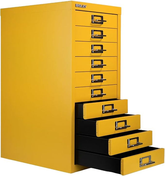Bisley 10-Drawer Steel MultiDrawer Cabinet - Golden Sunflower Yellow | Chrome Pull Handles with Label Holders, Powder-Coated Steel, Removable Drawers, Fits Under Most Desks, Labels Included