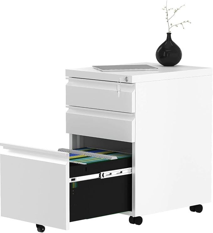 YITAHOME 3-Drawer Rolling Filing Cabinet Office Drawers, Lockable Office Storage Cabinet with Hanging Bars and Pencil Tray, Pre-Assembled Metal File Storage Under Desk (White)