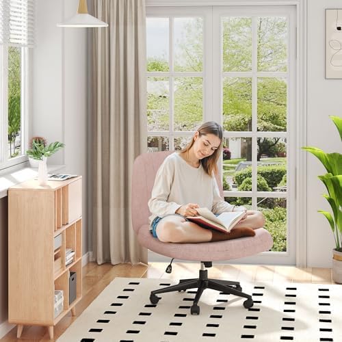 Shintenchi Criss Cross Chair,Cross Legged Office Seat with Wheels Armless Swivel Vanity Chair,Height Adjustable Wide Computer Task Seating for Home Office,Pink 