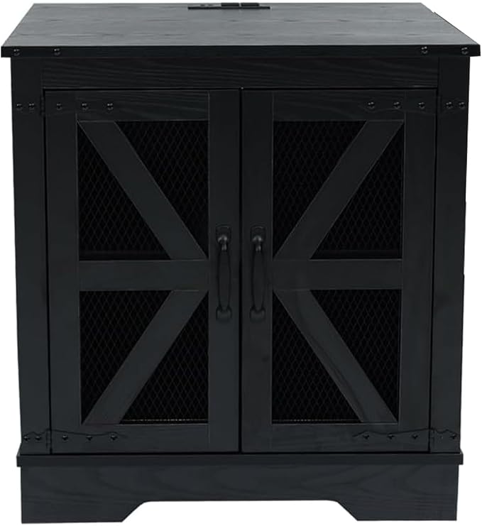 Farmhouse End Table Set with Charging Station, Black Living Room Tables with Hidden Storage, Rustic Wood Furniture for Home and Office