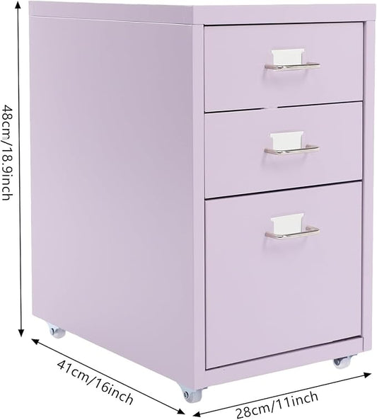 3-Drawer Mobile File Cabinet, Metal Filing Storage Cabinet with Wheels Small Nightstand Under Desk Organizer for Home Office (Purple)