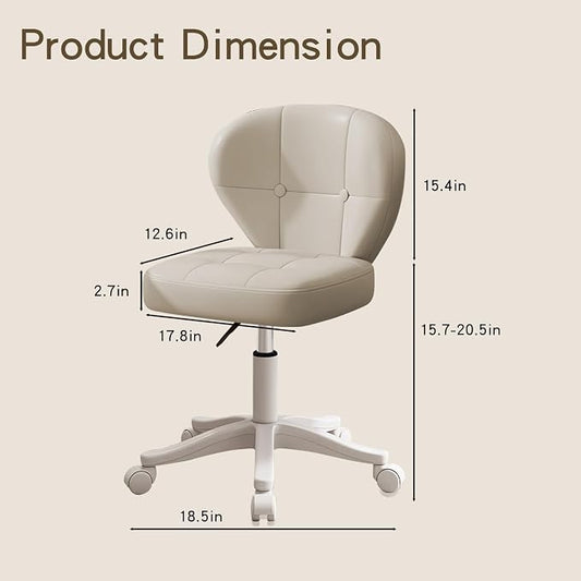 Vanity Chair with Back – Small Armless Office Chair with Wheels, Lumbar Support, PU Leather, Adjustable Height, 360° Swivel for Home, Bedroom, Office (White Set of 1)