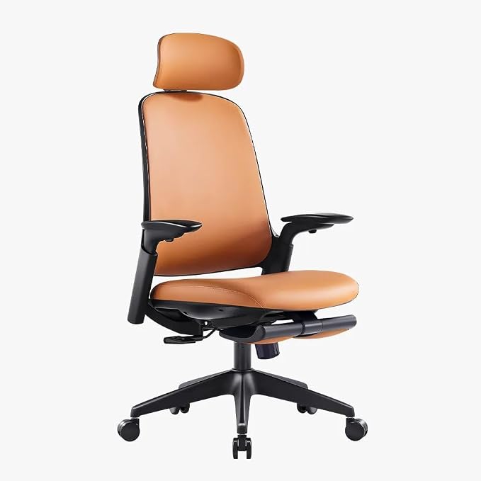 Sunaofe Boss Pro Leather Ergonomic Office Chair with Footrest - Executive Chair, 4D Armrests, Adaptive Lumbar, 125° Recline, 300lb Capacity, 5-Year Warranty Black Frame/Brown