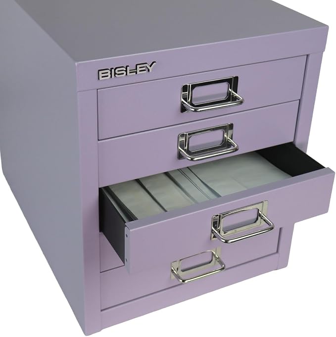 Bisley 5-Drawer Steel MultiDrawer Cabinet - Lilac | Chrome Pull Handles with Label Holders, Powder-Coated Steel, Removable Drawers, Desktop Storage, Labels Included