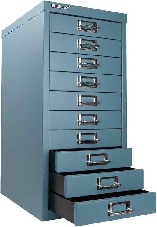 Bisley 10-Drawer Steel MultiDrawer Cabinet - Doulton Blue | Chrome Pull Handles with Label Holders, Powder-Coated Steel, Removable Drawers, Fits Under Most Desks, Labels Included