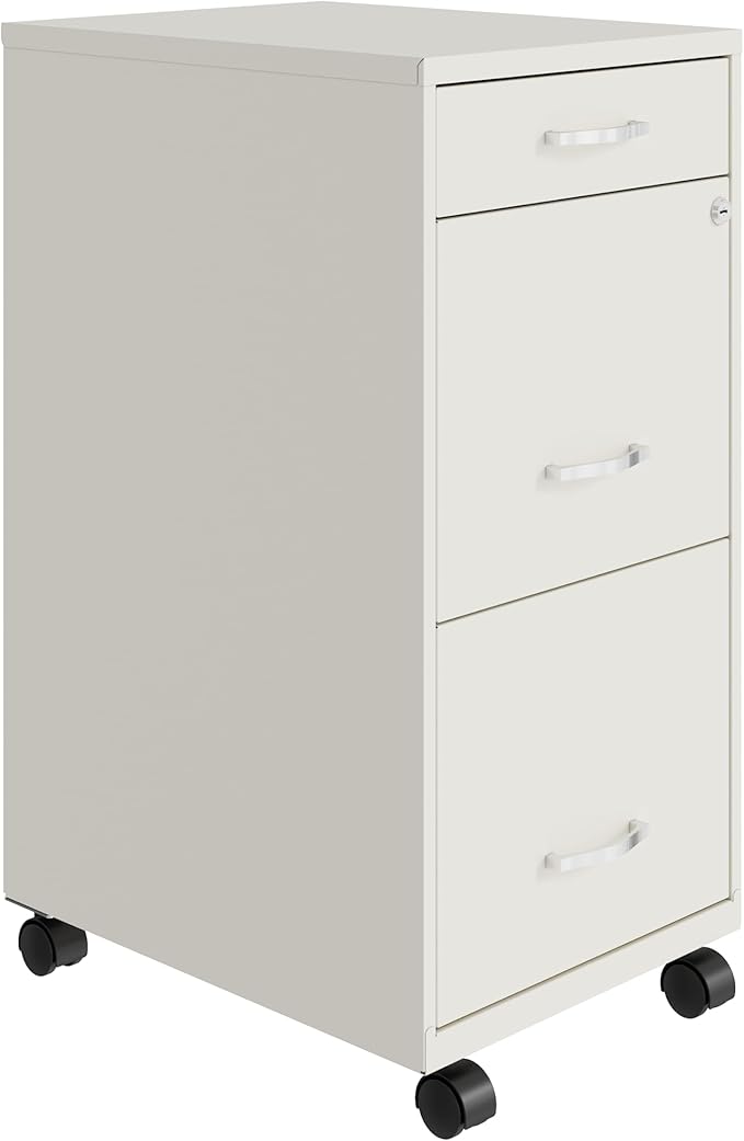 Space Solutions - 3 Drawer Fully Assembled Steel File Cabinet, Home & Small Office Use, Letter-Size, Small Supply Drawer, Locking, Mobile, Pearl White