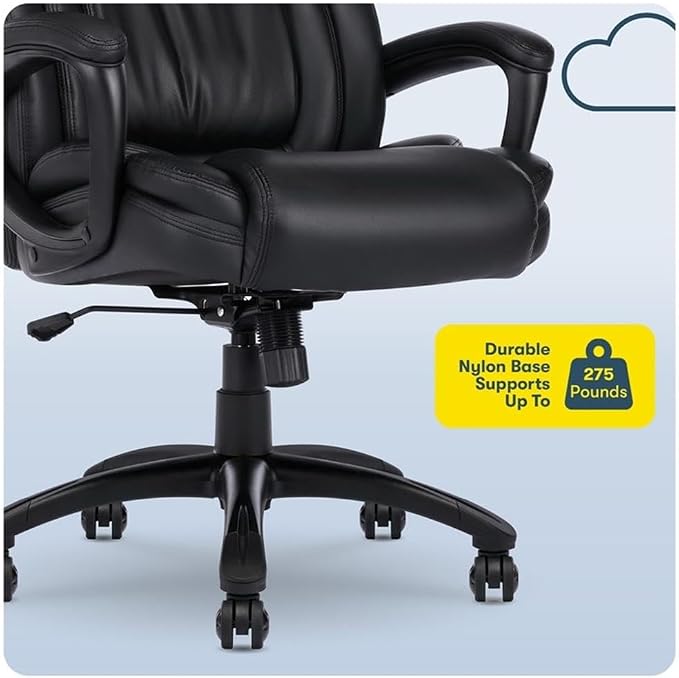 Serta Garret Executive Office Chair, Ergonomic Mid-Back with Lumbar Support, Semi-Plush Cushion and Body Pillows, Padded Armrests, Swivel Base, Bonded Leather, Space Black