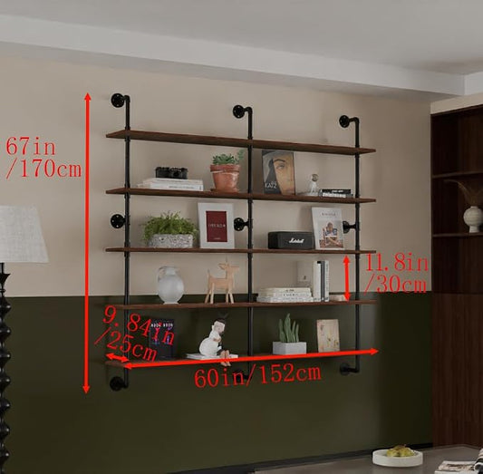 HDDFER Industrial Pipe Shelf Shelving Bookcase, Wall Mounted Rustic Bookshelf 60 Inch, Floating Bookshelves for Wall,Retro Wood Metal Pipe Industrial Shelves for Living Room