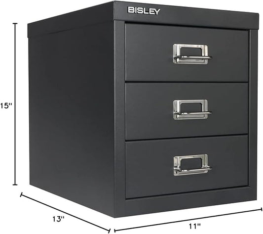 Bisley 3-Drawer Steel MultiDrawer Cabinet - Anthracite Grey | Chrome Pull Handles with Label Holders, Powder-Coated Steel, Removable Drawers, Desktop Storage, Labels Included
