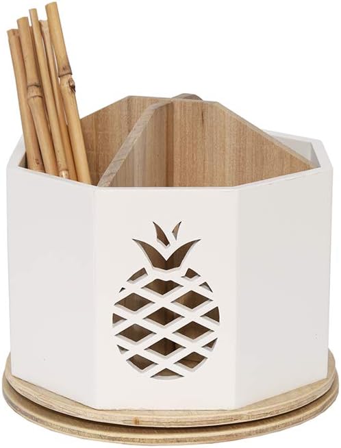 Spinning Desktop Stationary Organizer – Decorative Wooden Rotating Pen and Pencil Cup – 4 Compartment White Desk and Table Top Office Supplies Station with Pineapple Cutout - by Designstyles