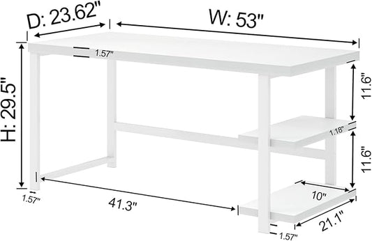 EXCEFUR White Computer Desk, Modern Home Office Desk with Storage Shelf, Wood and Metal Writing Study Table for Living Room Bedroom, 53 Inch
