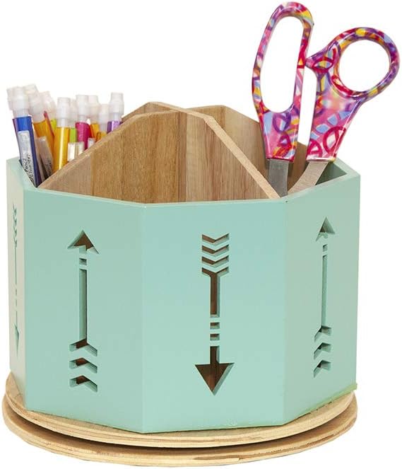 Spinning Desktop Stationary Organizer – Decorative Wooden Rotating Pen and Pencil Cup – 4 Compartment Teal Desk and Table Top Office Supplies Station with Arrow Design - by Designstyles