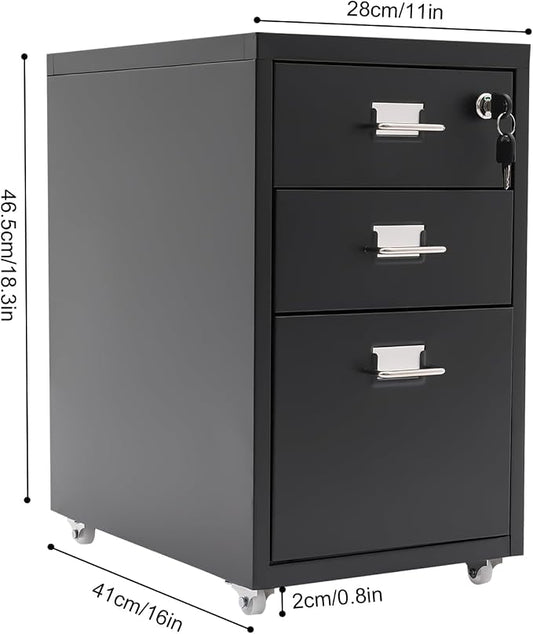 3-Drawer Metal File Cabinet, Mobile File Cabinet with Lock, Rolling Vertical Filing Drawers Under Desk for Home Office, 11 * 16 * 18.3in (Black)