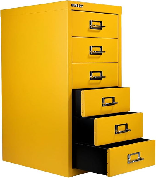 Bisley 6-Drawer Steel MultiDrawer Cabinet - Golden Sunflower Yellow | Chrome Pull Handles with Label Holders, Powder-Coated Steel, Removable Drawers, Fits Under Most Desks, Labels Included