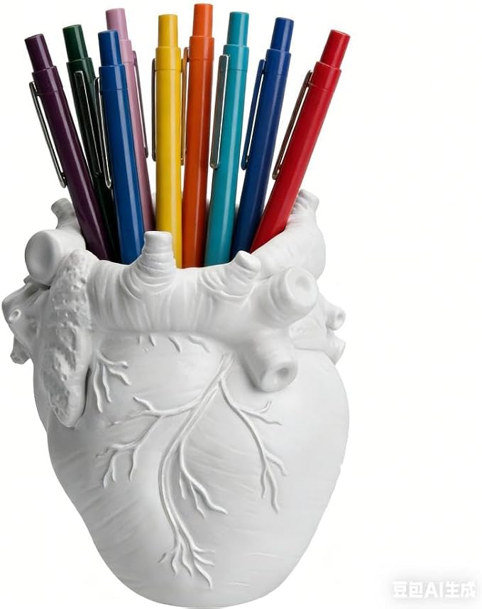 Heart-Shaped Pen Holder, 4.3" x 3.74" Human Heart Organ Shape Pen Holder, Gothic Makeup Brush Holder, 3D Realistic Hearts Anatomy Model for Makeup Brushes Pens,Desk Accessories (White)