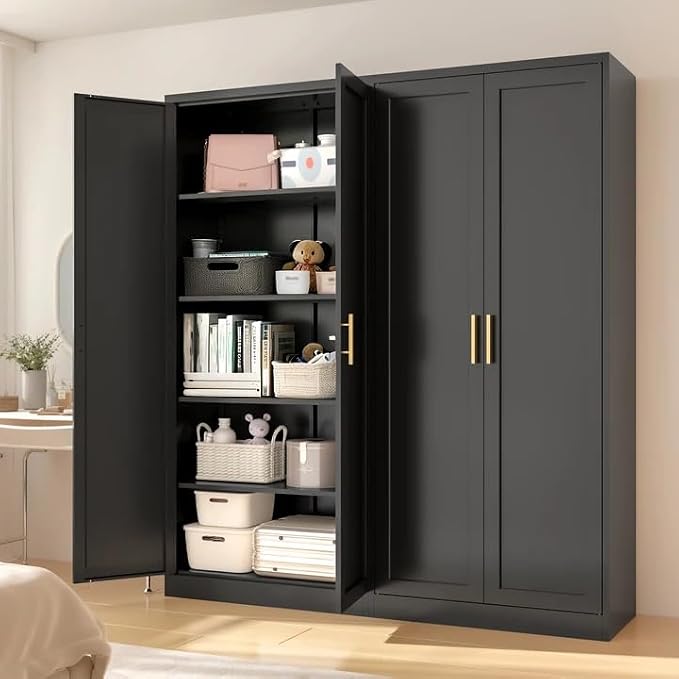 71" Tall Kitchen Pantry Cabinet, Metal Kitchen Pantry Storage Cabinet with Doors and 4 Adjustable Shelves, Black Pantry Cabinet for Living, Dining Room, Bathroom