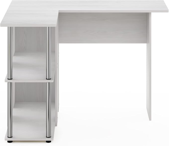Furinno Abbott L-Shape Desk with Bookshelf, White Oak/Chrome