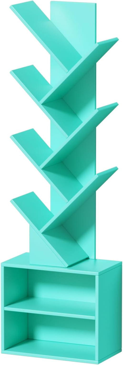 SHEEPAM 10 Tier Tree Bookshelf,Floor Standing Wood Tall Bookcase for Narrow Space, Storage Organizer Bookshelves for Books, Book Case for CDs/Movies/Books,Home Office,Living Room, Bedroom