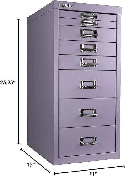 Bisley 8-Drawer Steel MultiDrawer Cabinet - Lilac | Chrome Pull Handles with Label Holders, Powder-Coated Steel, Removable Drawers, Fits Under Most Desks, Labels Included