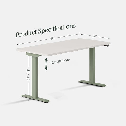 Branch Duo Standing Desk 58 Inches - Adjustable Standing Desk with 20” Range - OLED Control Panel - Frameless Design & Compact Size Suitable for Many Spaces - White Top - Sage Base