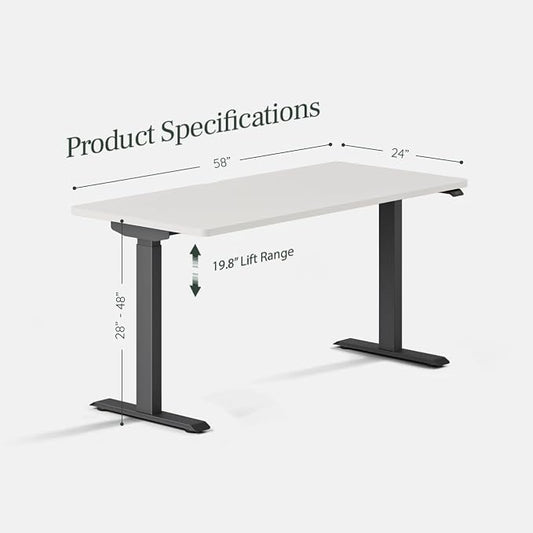 Branch Duo Standing Desk 58 Inches - Adjustable Standing Desk with 20” Range - OLED Control Panel - Frameless Design & Compact Size Suitable for Many Spaces - White Top - Charcoal Base