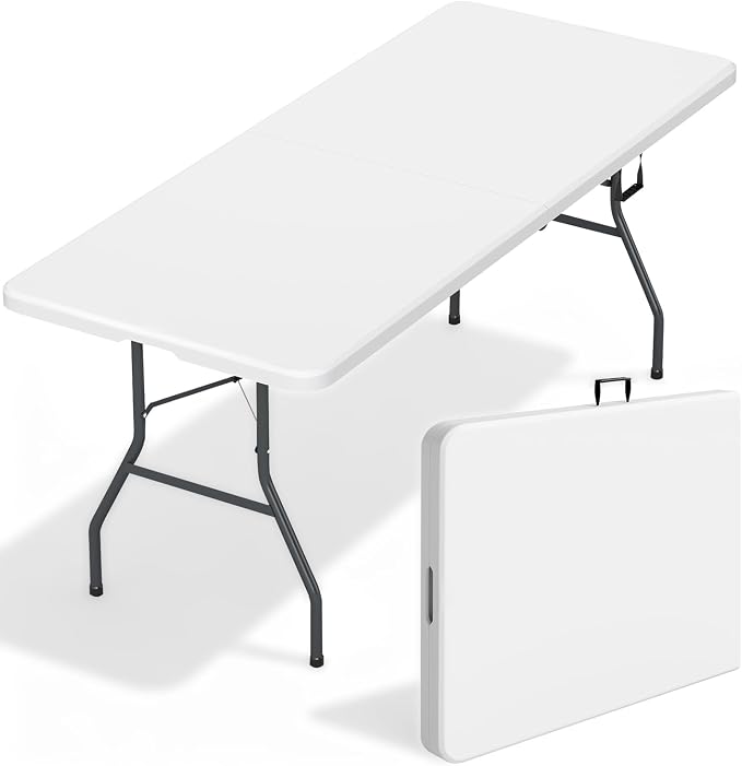 FDW 6FT Folding Table, Portable Fold-in-Half Plastic Picnic Party Table with Carrying Handle (White