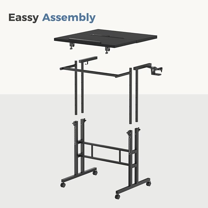 DUMOS Split Top Rolling Standing Desk 23.6 Inch Mobile Laptop Workstation Manual Height Adjustable Sit Stand Office Table Walking Pad Study Surface Portable Home Office Computer Cart Black