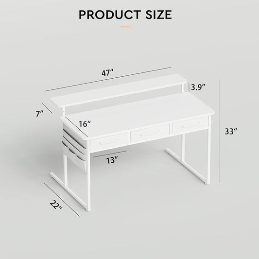Maihail Computer Desk with Drawers, 47.2X15.8-22.9 Inches Office Computer Desk with Side Pocket & Ergonomic Monitor Stand, Writing Table for Small Spaces, Bedroom, White