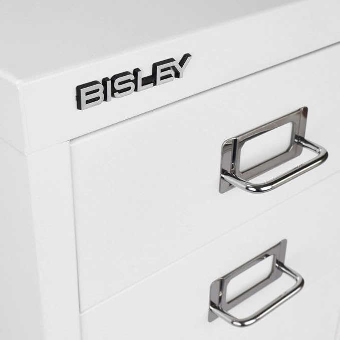 Bisley 3-Drawer Steel MultiDrawer Cabinet - Traffic White | Chrome Pull Handles with Label Holders, Powder-Coated Steel, Removable Drawers, Desktop Storage, Labels Included