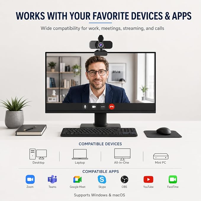 1080P Webcam with Microphone and Physical Privacy Cover, Noise Cancelling USB Web Camera, Auto Light Correction, Plug and Play, Wide Angle PC Camera for Zoom, Online Class, Laptop/Desktop