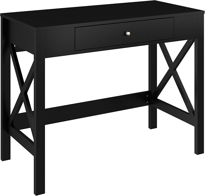 Lavish Home Writing Desk - Modern Desk with X-Pattern Legs and Drawer Storage - for Home Office, Bedroom, Computer, or Craft Table (Black)