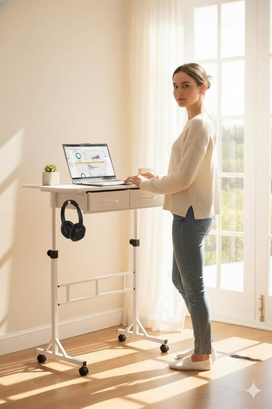 Small Standing Desk for Walking Pad with Drawers, 27.6"-49.2" Adjustable Folding Standing Desk, 32in Portable Standing Desk on Wheels, Rolling Desk for Home/Classroom/Office, White
