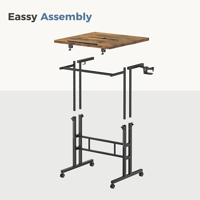 DUMOS Split Top Rolling Standing Desk 23.6 Inch Mobile Laptop Workstation Manual Height Adjustable Sit Stand Office Table Walking Pad Study Surface Portable Home Office Computer Cart Rustic Brown