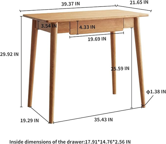 39" Solid Red Oak Writing Desk with Drawer & Tapered Legs – Natural Wood Finish, Mid-Century Modern for Bedroom, Home Office, Study