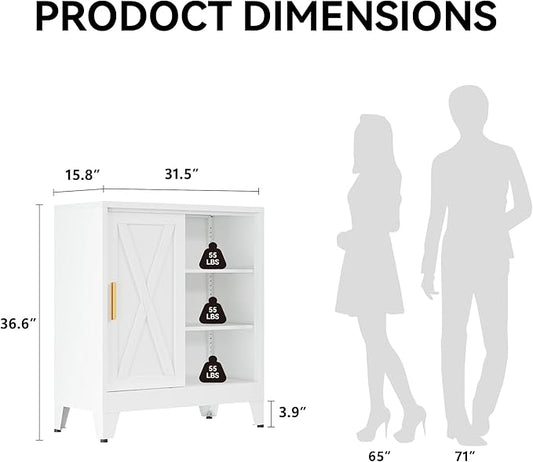 COFaR White 37" H Sliding Door Storage Cabinet, Half Open Half Closed Design, 3-Tier Kitchen Organizer with Adjustable Shelves, 150 lbs Top, Metal Coffee Bar & Buffet Sideboard for Dining Room