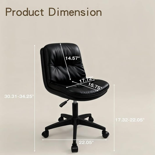 Small Office Desk Chair, PU Leather Armless Swivel Chair with Lumbar Pillow, Height Adjustable Task Chair for Small Spaces, Bedroom & Vanity Black