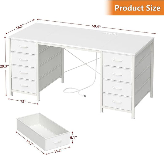 YOMILUVE 50 Inch White Computer Desk with 8 Drawers, Home Office Desk with Power Outlets, Work Study Gaming Desk with 8 Fabric Drawers, White