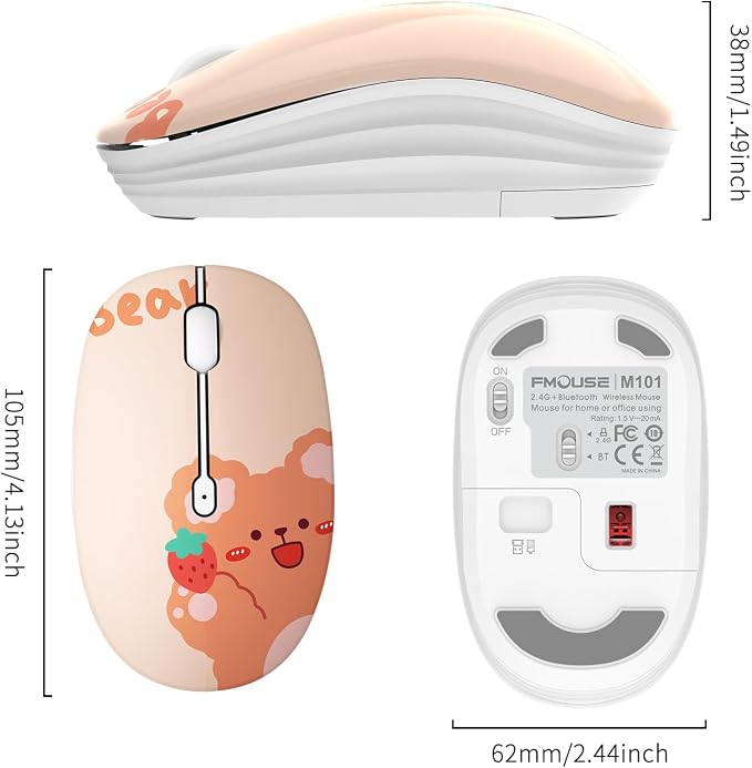 FMOUSE Cute Wireless Mouse, Bluetooth & 2.4GHz Dual Mode, Silent Click, AA Battery Powered, Kawaii for Kids Students Teen Girls, Compatible with Laptop Mac iPad PC (Kerry Bear)