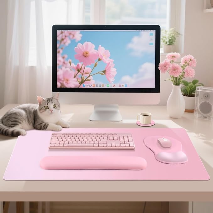 4-in-1 Large Gaming Mouse Pad, Keyboard Wrist Rest Pad & Wrist Support Mousepad Set, Extended Desk Pad Waterproof Desk Mat for Girl Women Home Office Decor Study Game 35.4×15.7 Inches I Soft Pink