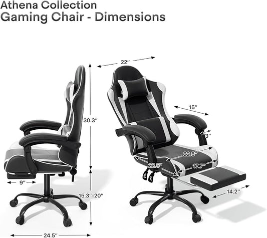 Athena Collection Ergonomic Gaming Chair with Footrest & Headrest Lumbar Support, Height Adjustable Swivel Office Chair Reclining Game Chair High Back Computer Chair for Adults, White