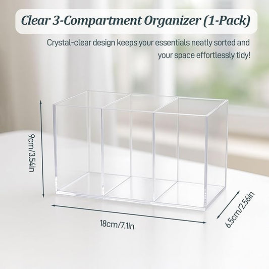 Clear Acrylic 3-Section Pen Organizer Caddy, Desktop Storage Holder for Office Supplies, Utensils, Makeup, and Home Use