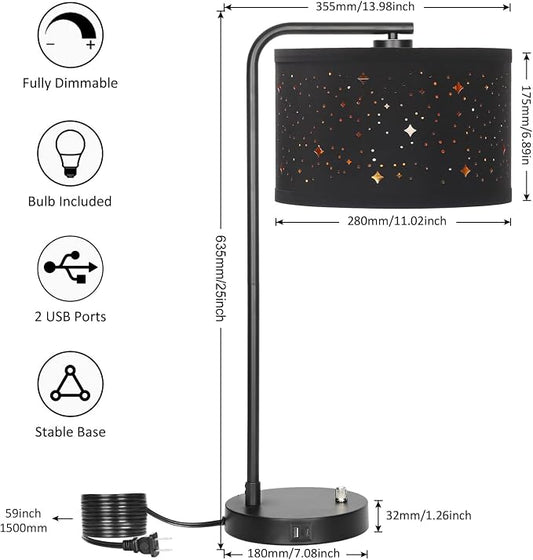 Bedside Table Lamp with USB C+A Ports, Fully Dimmable Modern Nightstand Side Lamps with Stars Shade, Tall Desk Reading Lamps for Living Room Bedroom 3000k LED Bulb Included