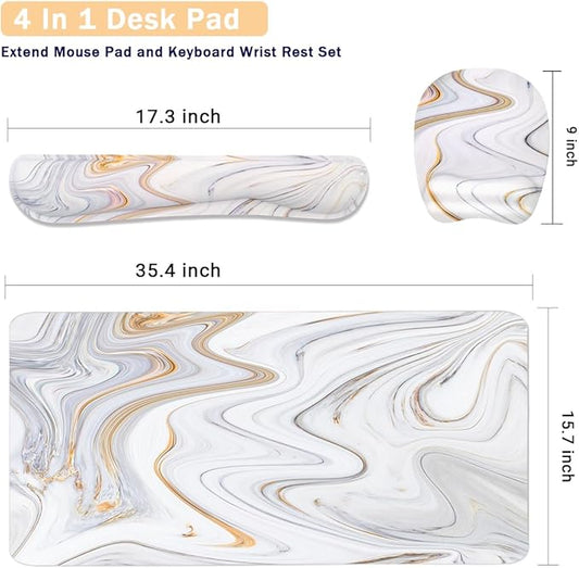 Keyboard Wrist Rest Large Mouse Pad Wrist Support for Computer, 4 in 1 Memory Foam Keyboard Pad Desk Mat Ergonomic Hand Rest Wrist Cushion for Home Office Gaming-White Marble