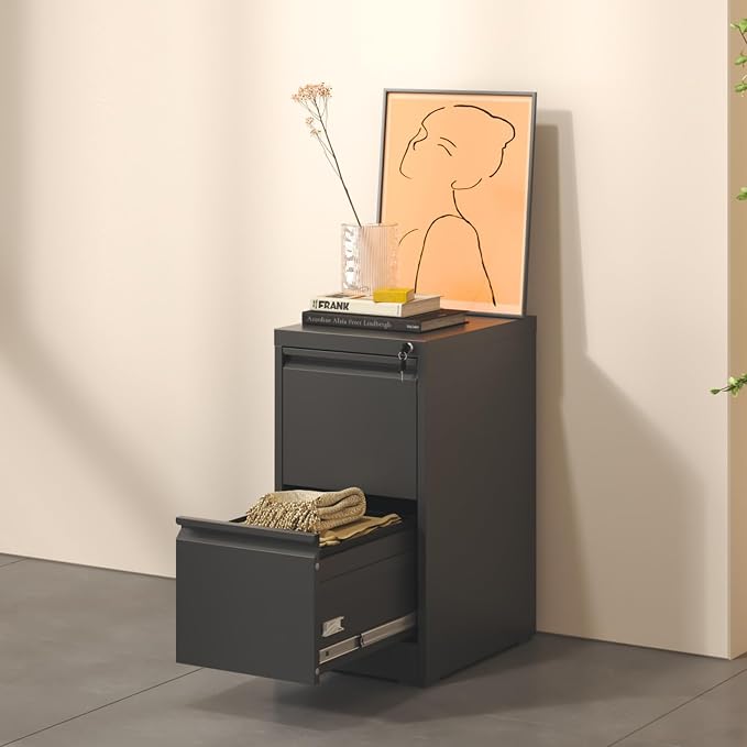 2 Drawer File Cabinet, Metal Vertical Filing Cabinet for Home Office, Locking Steel Easy Assemble 18" D File Cabinets for Legal/Letter/A4/F4 (Black)