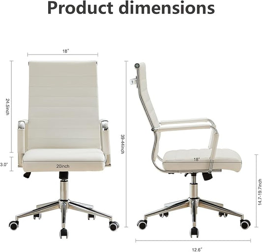 Office Desk Chair Leather, Conference Room Chairs with Wheels, Executive Modern High Back Ergonomic Swivel Rolling Ribbed Computer Chair(White)