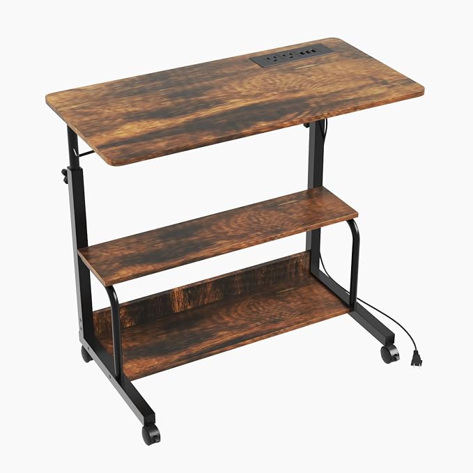 VINGLI 31.5" Mobile Small Standing Desk, Adjustable Height Mobile Computer Desk, w/2 AC Outlets + 3 USB Ports & Hooks, Storage Shelves, Suitable for Gaming, Studying, Home Office, Vintage Brown