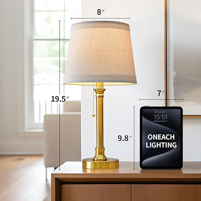 Oneach Modern Gold Brass Table Lamp Set of 2 for Bedroom Living Room 19.5'' Traditional Bedside Desk Nightstand Buffet Candlestick Samll Lamps with White Drum Shade