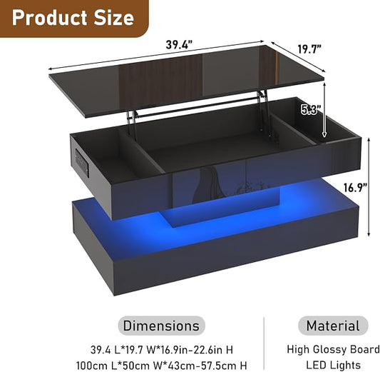 39.4" Large Lift Top Coffee Table,Modern High Glossy LED Coffee Tables for Living Room with Storage,Black Living Room Tables for Living Rooms,Dining Room,Bedroom Home Office,APP LED Lights(Black)