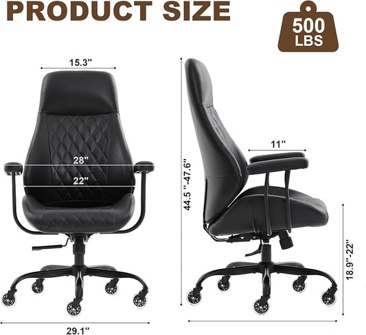 Office Chair with Rubber Wheels, Ergonomic Computer Chair 500 lbs, Leather Desk Chair with Lumbar Support, Executive Chair Adjustable Height & Recline, Black | Ergonomic, Lumbar Support, 360° Swivel & Rolling Wheels, Adjustable Height, for Adults & Women